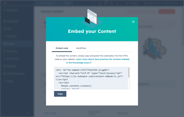 content embed user interface showing copy and paste embed code