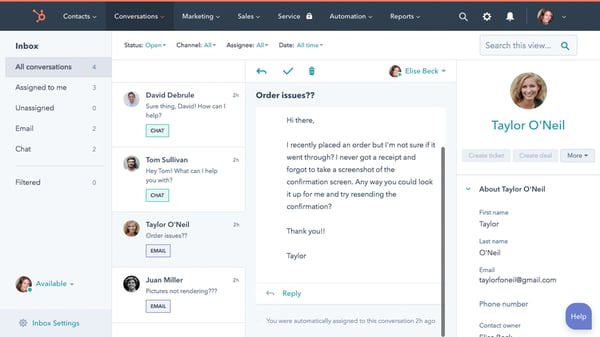 HubSpot UI showing helpful context from your Smart CRM alongside your emails, right inside HubSpot