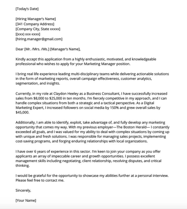 application letter for employment as a marketer Cover letter example.