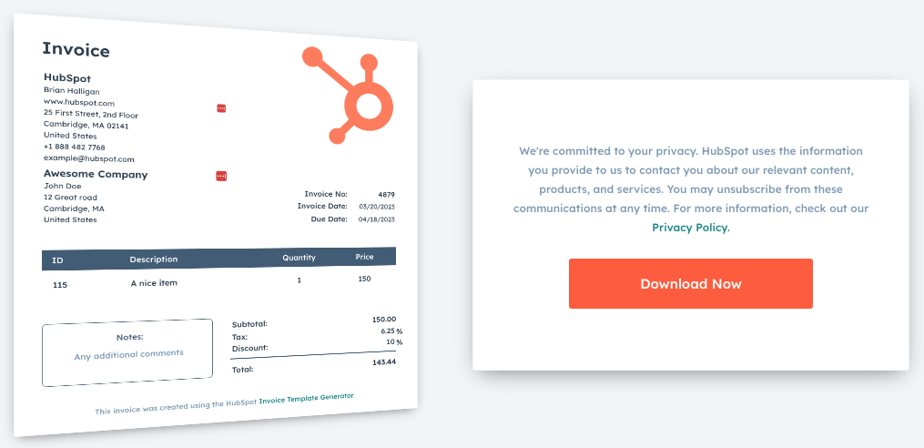 A free invoice template on the left and the download now button on the right