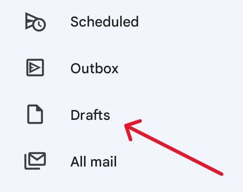 Screenshot with an arrow pointing to “Drafts.” 