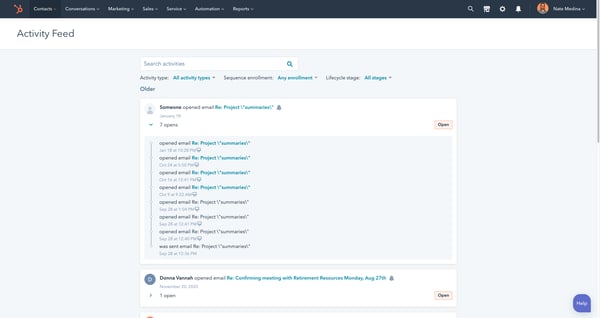 screenshot of email integration activity feed