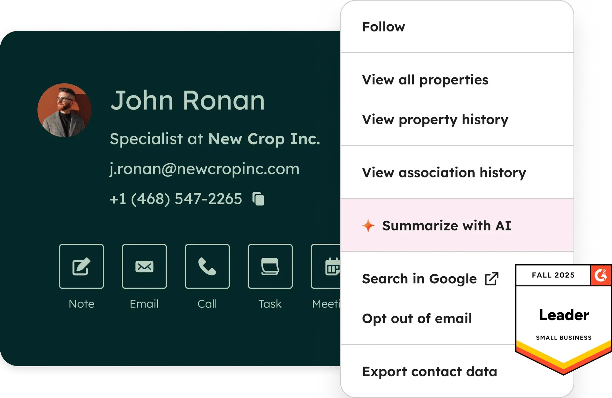A contact record card in HubSpot showing contact information, and various actions that can be taken, like calling, emailing, note-taking, viewing property history, and summarizing with AI. Also shows that HubSpot CRM is a G2 award winner as a grid leader for small business in fall 2025.