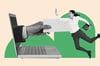 a graphic of a sales rep delivering a follow-up email using a template after a conference meeting