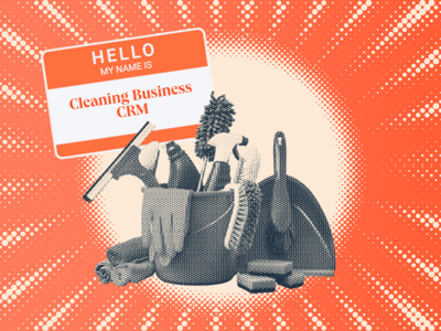 a hubspot featured image of halftone blue and white cleaning supplies, next to a nametag that says hello my name is cleaning business crm