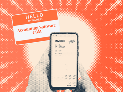  a hubspot featured image of a halftone blue and white phone with a paid invoice on its screen, next to a nametag that says hello my name is accounting software crm