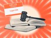 a hubspot featured image of a halftone blue and white legal gavel on top of books, next to a nametag that says ‘hello my name is legal crm’