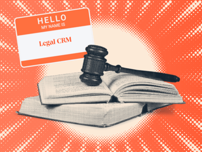 a hubspot featured image of a halftone blue and white legal gavel on top of books, next to a nametag that says ‘hello my name is legal crm’