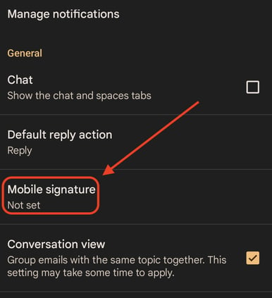 mobile signature option in the Gmail app notifications tab