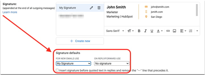 Signature defaults section of Gmail