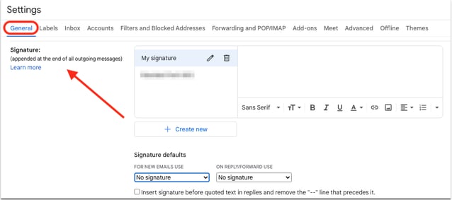 The signature section of the General settings tab in Gmail