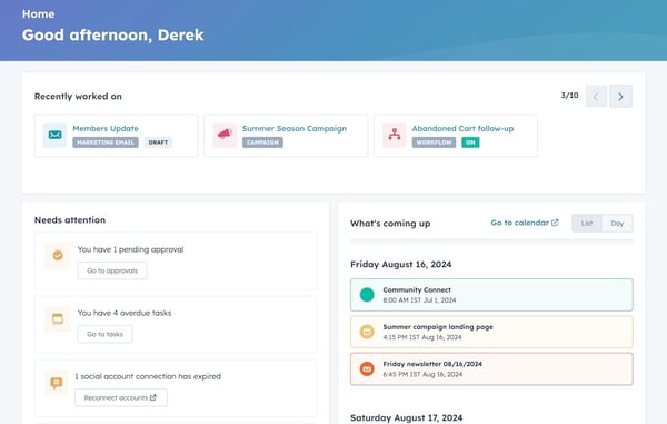 hubspot's home for marketers user interface