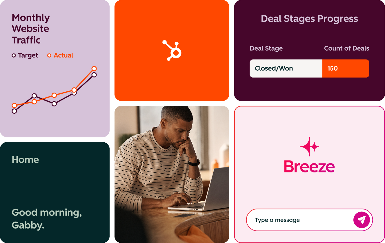 HubSpot dashboard greeting, monthly website traffic, deal stages progress.