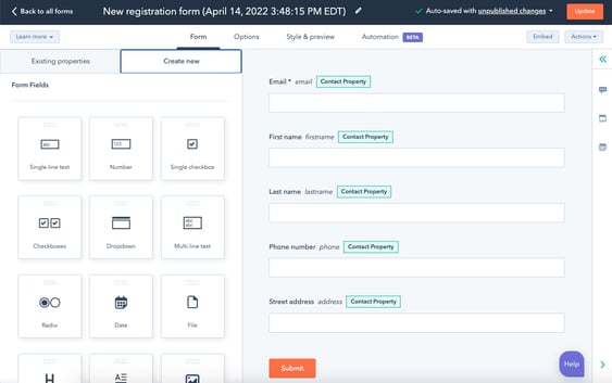 how to create a registration form hubspot step 8: choose style options