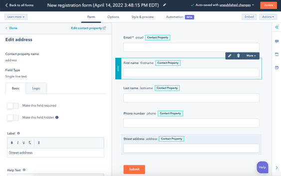 how to create a registration form hubspot step 7: select contact properties