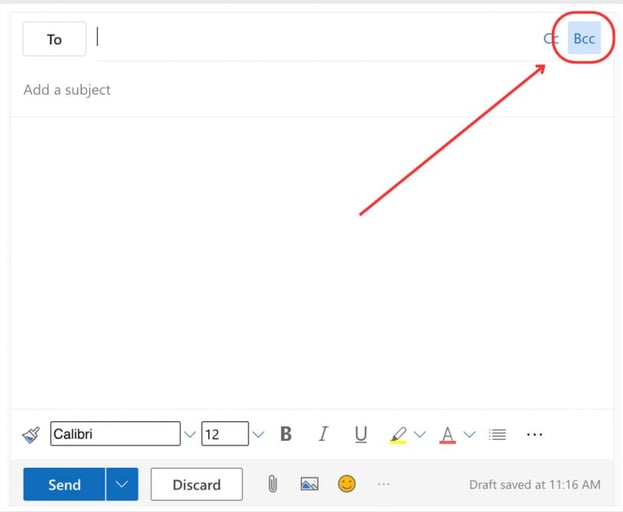 Next, click on Bcc located to the right of the To line.