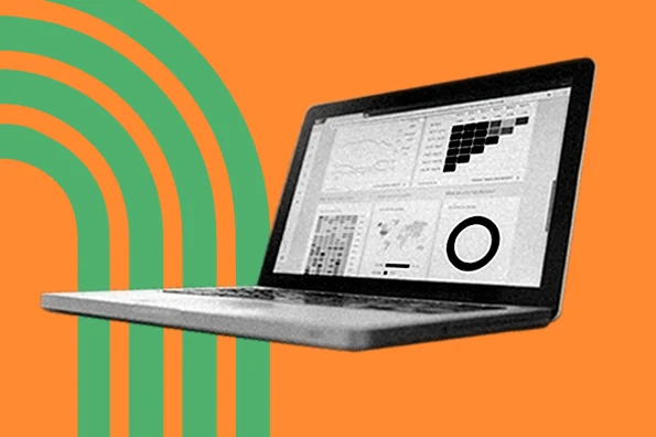 Computer with pivot table examples over an orange background with a green arch.