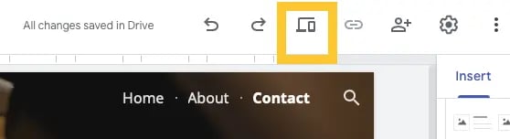 google sites tutorial: image shows where you can access the devices symbol on google sites