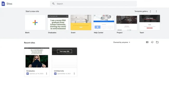 google sites tutorial: step 1 shows google sites homepage
