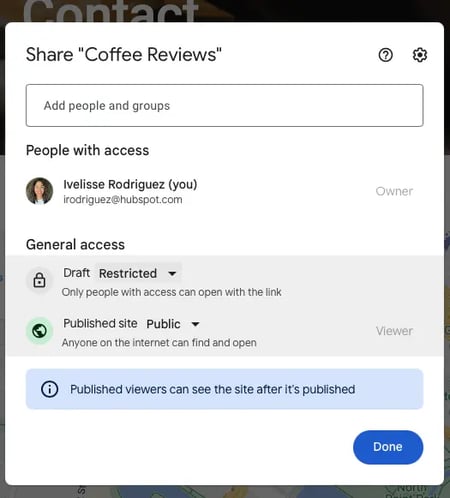 google sites tutorial: image shows how to share your website