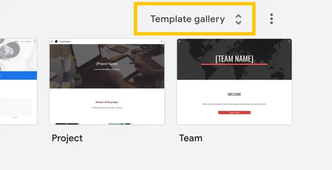 google sites tutorial: image shows where the template gallery is