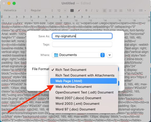 HTML signature file saved in TextEdit