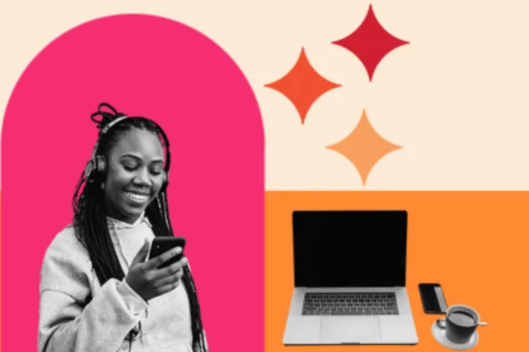 html span: a girl with a phone and a laptop with a mug next to it