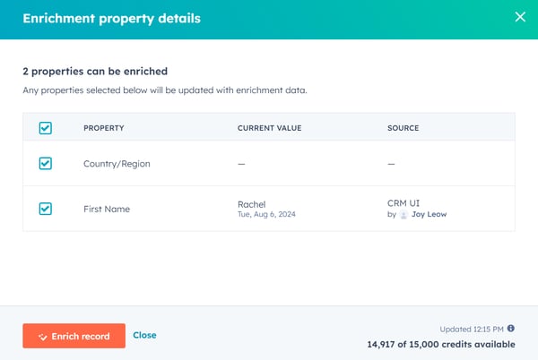 A HubSpot 'Enrichment property details' modal. It lists two properties to be enriched: 'Country/Region' and 'First Name'. 'First Name' currently shows 'Rachel, Tue, Aug 6, 2024' from 'CRM UI by Joy Leow'. An 'Enrich record' button is at the bottom.