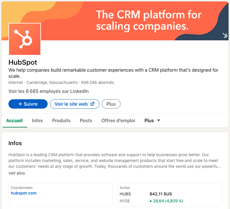 page LinkedIn de l'entreprise HubSpot