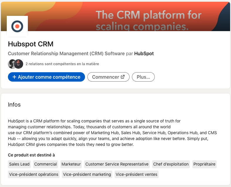 Exemple de pages produits LinkedIn