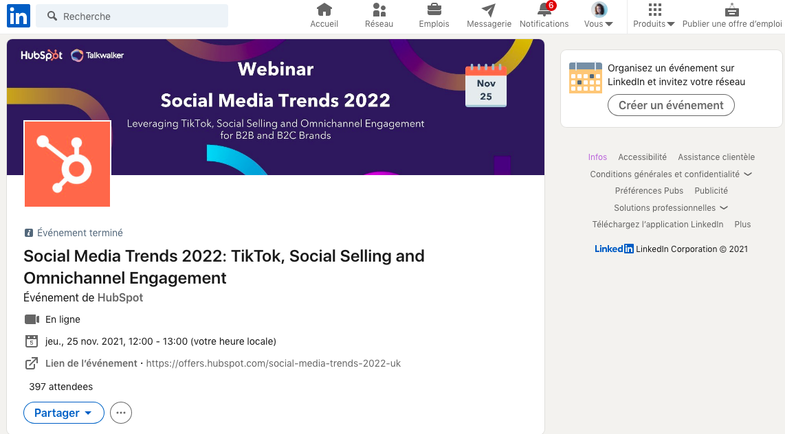 exemple d'un événement LinkedIn crée par HubSpot