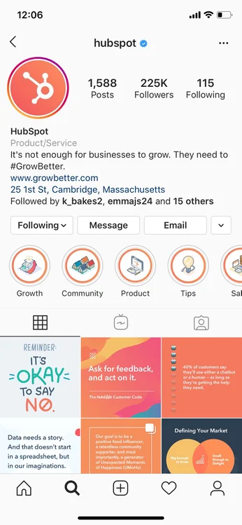 destaque da história de marketing do instagram hubspot