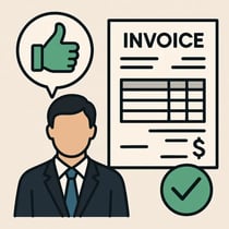 Illustration of a professional providing feedback on an invoice with a treen thumb