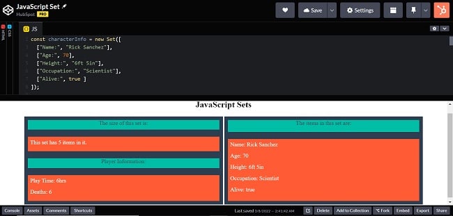 JavaScript set example for a hypothetical video game.