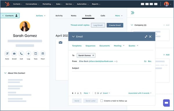 sales hub contact record simplified user interface showing email