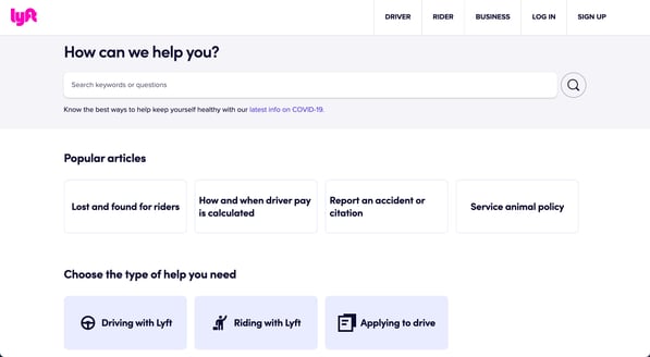 lyft's knowledge base homepage displaying a search bar and popular support articles