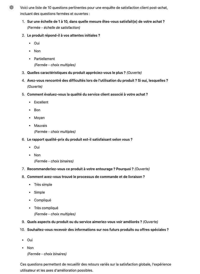 Créer une liste de questions pour évaluer la satisfaction client