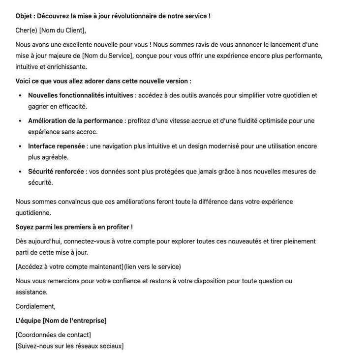 Créer un modèle d'e-mail pour annoncer une mise à jour de service
