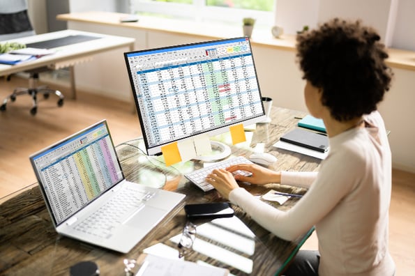 Mulher em ambiente de escritório sentada em sua escrivaninha analisando planilhas de Excel 