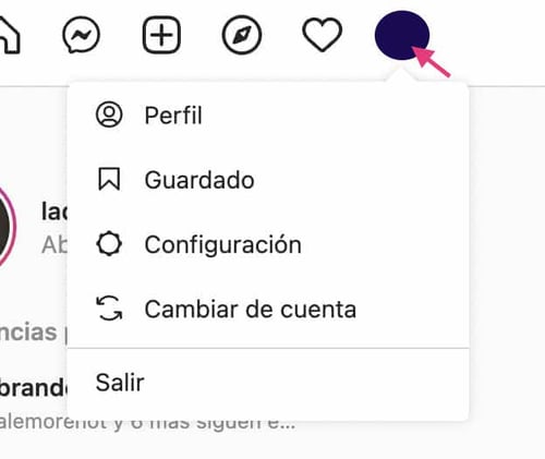 Menú de configuración de perfil en Instagram web