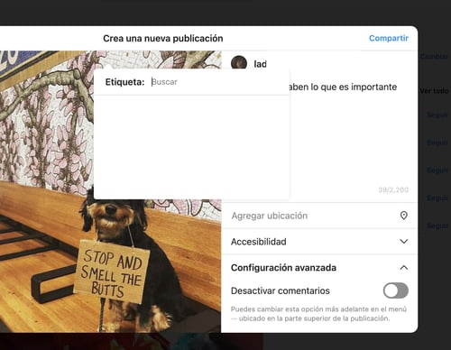 Agregar mensaje y etiquetar persona en publicación de Instagram web