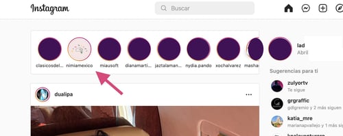 Carrete de historias en Instagram web