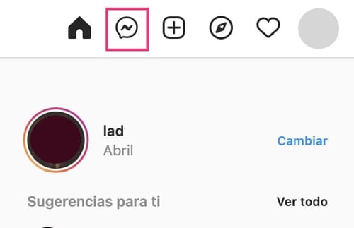 Icono de mensajes en Instagram web