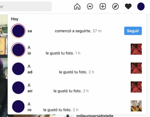 Interacciones recibidas en publicaciones en Instagram web