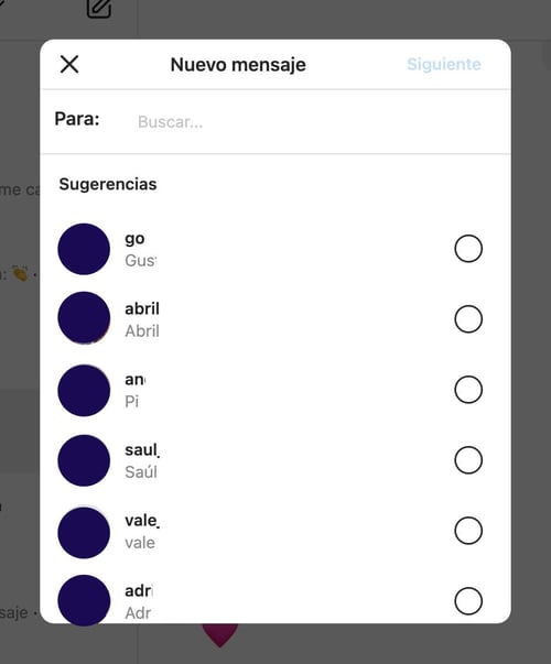 Menú de perfiles para iniciar conversación y enviar mensajes en Instagram web