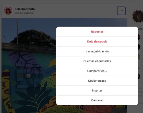 Menú de acciones complementarias en publicaciones en Instagram web