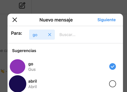 Seleccionar el perfil con el que se abrirá conversación por primera vez y enviar mensaje en Instagram web