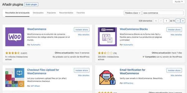 Cómo crear una tienda online en WordPress: Instalar plugin de WooCommerce