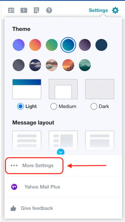 Image of Yahoo Mail settings menu with a red arrow pointing to the More Settings option