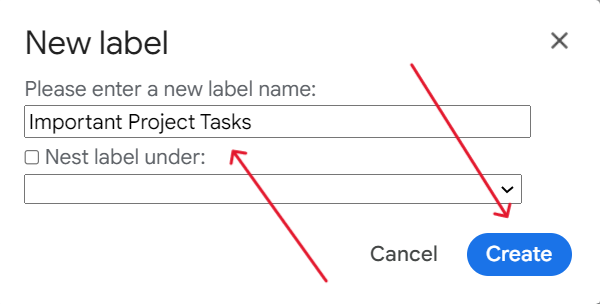 Screenshot with arrows pointing to the label name field and ‘Create’ button.